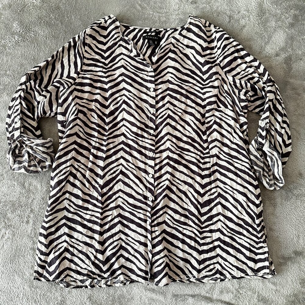 Tahari 100% Linen Zebra Print Shirt Top Tunic Women's 1X 1XL Roll Tab Sleeves